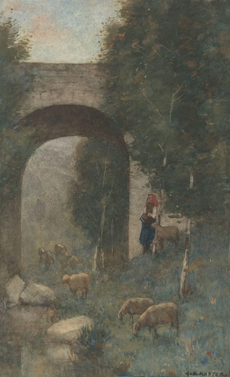 Herderin Met Schapen Bij Een Viaduct Wall Art by Anton L. Koster - High-Resolution Digital Print