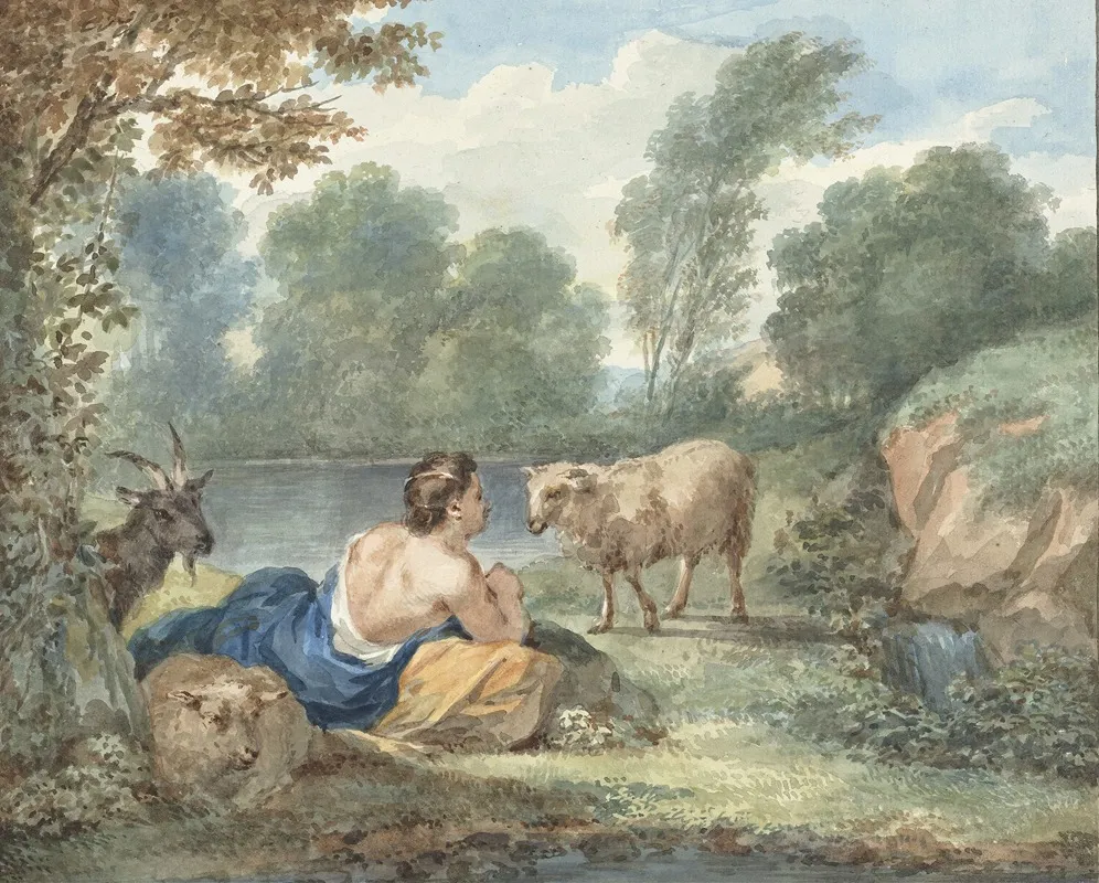 Herderin Met Schapen In Een Landschap Met Een Meertje Wall Art by Aert Schouman - High-Resolution Digital Print