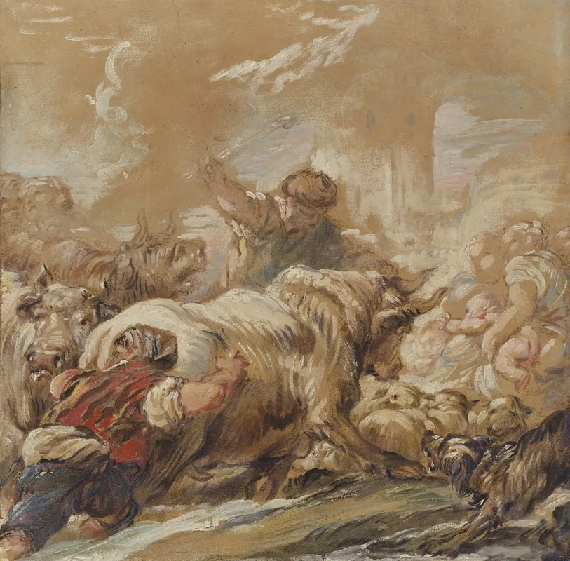 Herdsmen Driving Cattle Across A Stream Wall Art by Jean-Baptiste Deshays - High-Resolution Digital Print