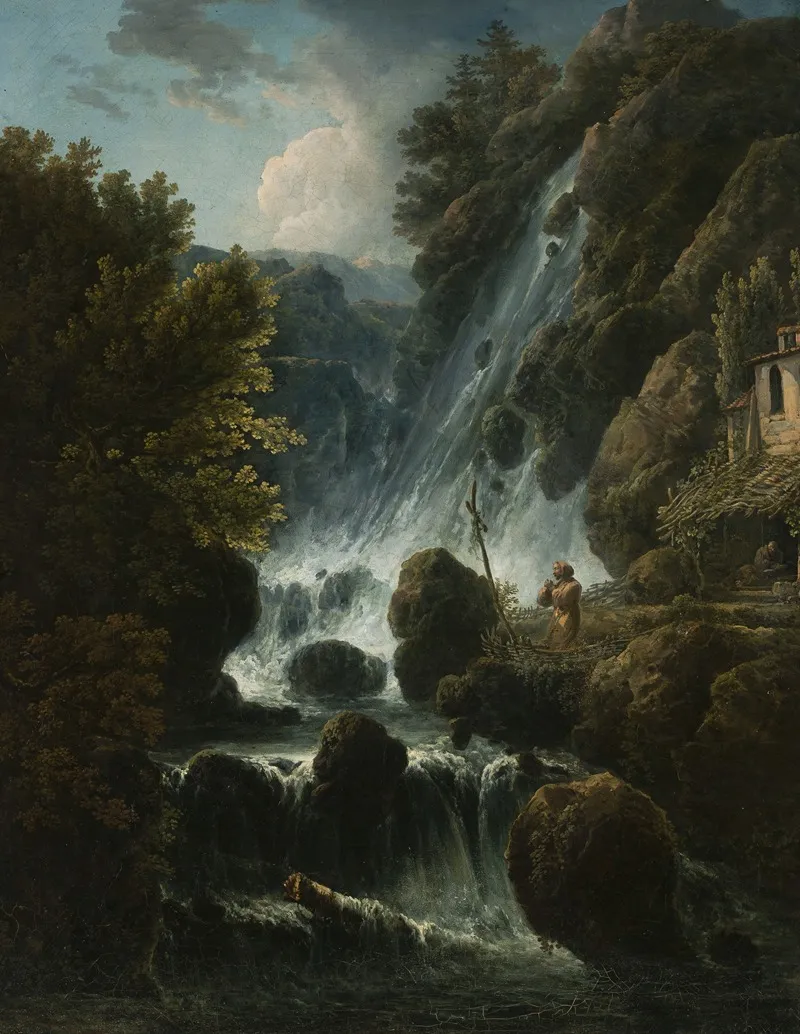 Hermit Praying At The Waterfall Wall Art by Charles Santoire de Varenne - High-Resolution Digital Print