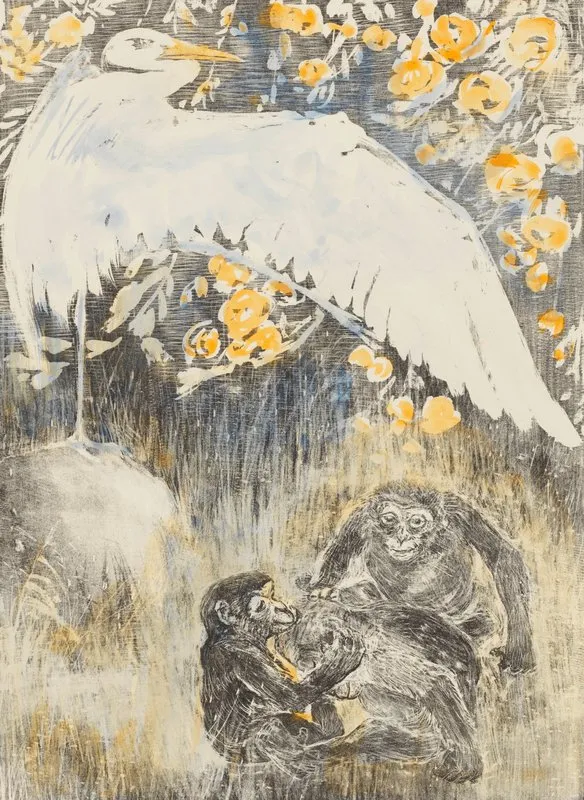 Heron With Three Monkeys