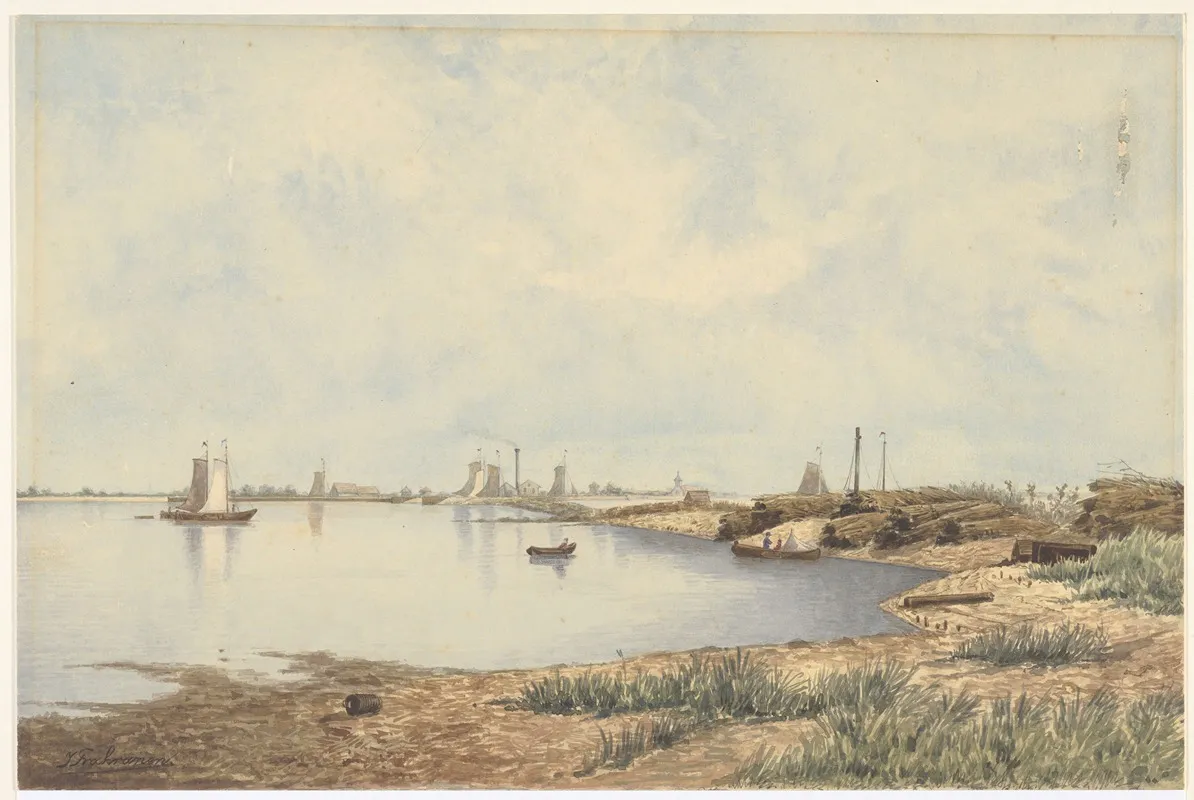 Het Noordzeekanaal Te Ijmuiden Met Vissersboten Op De Achtergrond In Het M Een Fabrieksschoorsteen Wall Art by Johan Conrad Greive - High-Resolution Digital Print