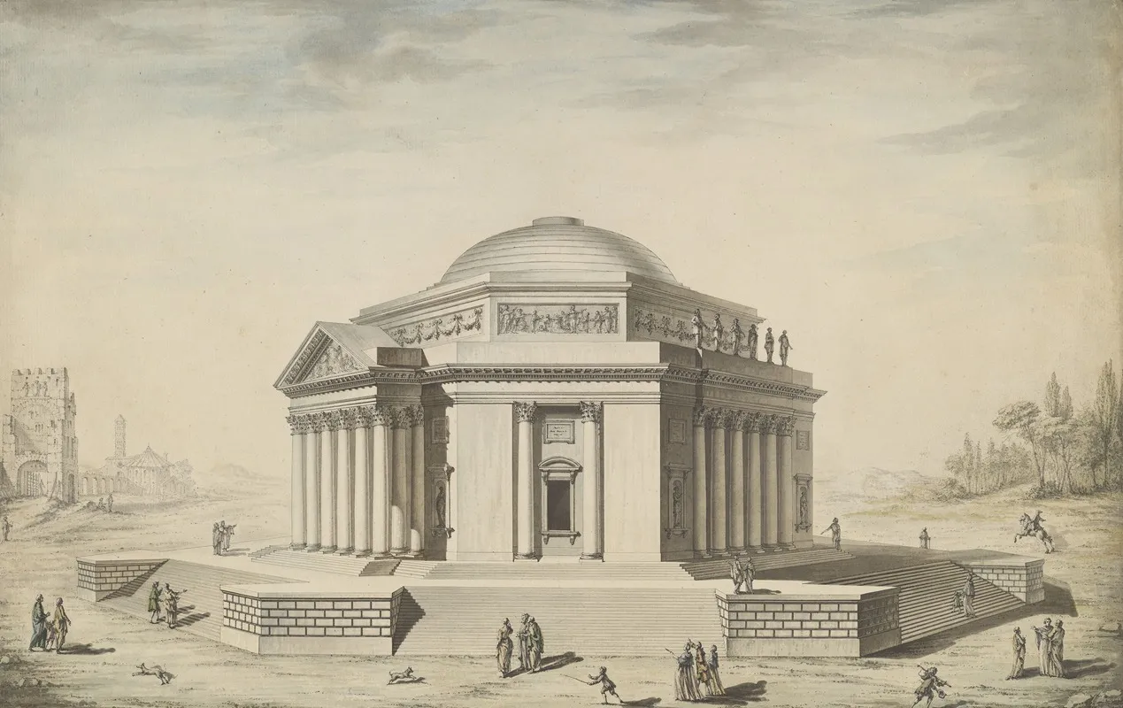 Hexagonal Temple In An Italianate Landscape Wall Art by Louis Gustave Taraval - High-Resolution Digital Print