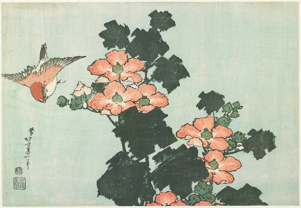 Hibiscus And Sparrow Wall Art by Katsushika Hokusai - High-Resolution Digital Print