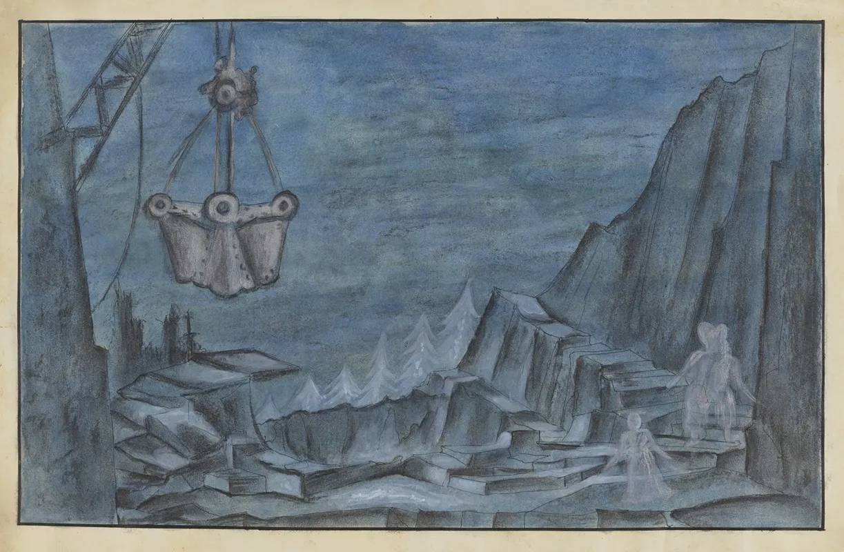 High Tor Sketch No 1 White Figures Trees Mining Equipment On Blue Rocks And Sky Wall Art by Frederick Stover - High-Resolution Digital Print