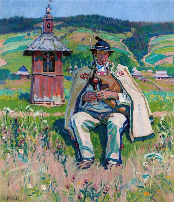 Highlander With A Bandura Against Landscape Wall Art by Gustaw Pillati - High-Resolution Digital Print