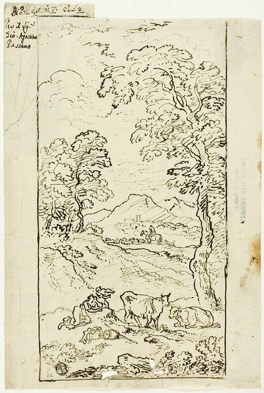 Hilly Landscape With Cows And Shepherds In Foreground Wall Art by Carlo Antonio Tavella - High-Resolution Digital Print