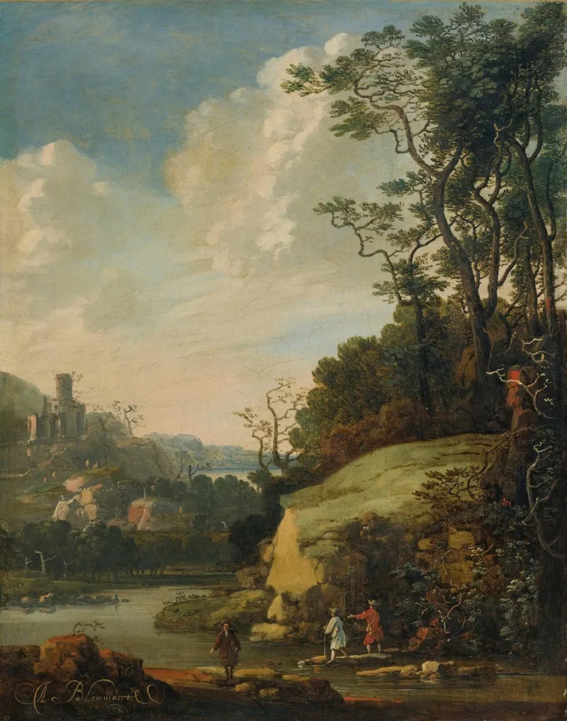 Hilly Landscape With Figures By A River Wall Art by Abraham Bloemaert - High-Resolution Digital Print