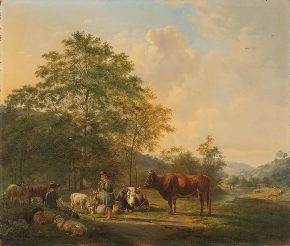 Hilly Landscape With Shepherd Drover And Cattle Wall Art by Pieter Gerardus van Os - High-Resolution Digital Print