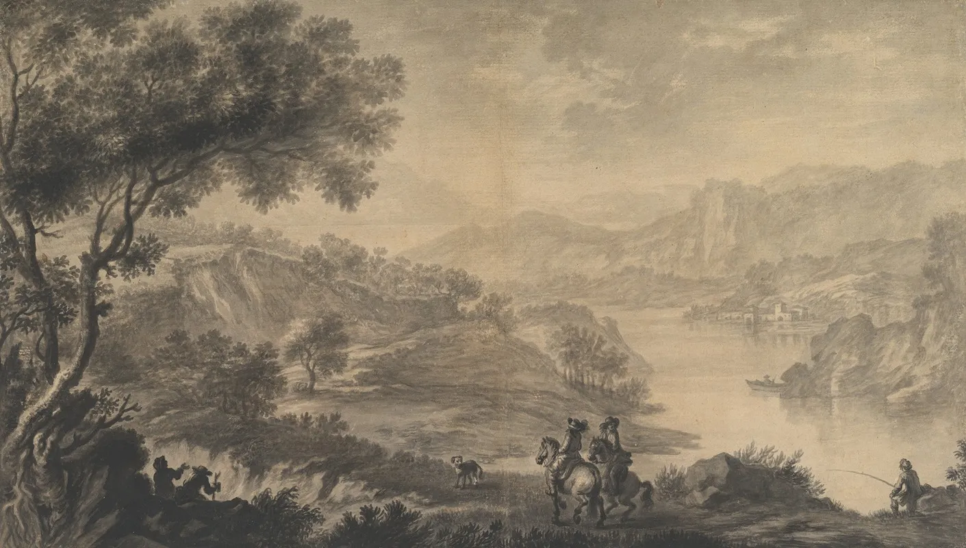 Hilly Landscape With Two Cavaliers And Other Figures In The Foreground Wall Art by Romolo Panfi - High-Resolution Digital Print