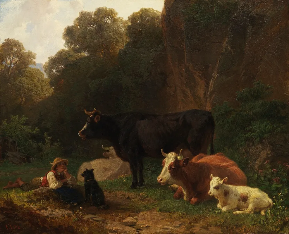 Hirtebub Mit Kuhen An Felsenwand Wall Art by Friedrich Voltz - High-Resolution Digital Print
