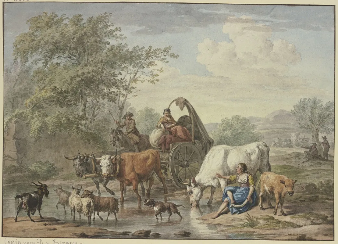 Hirten Fahren Mit Einem Wagen Durchs Wasser Rechts Eine Hirtin Die Sich Die Fuse Wascht Bei Einer Weisen Kuh Wall Art by Aert Schouman - High-Resolution Digital Print
