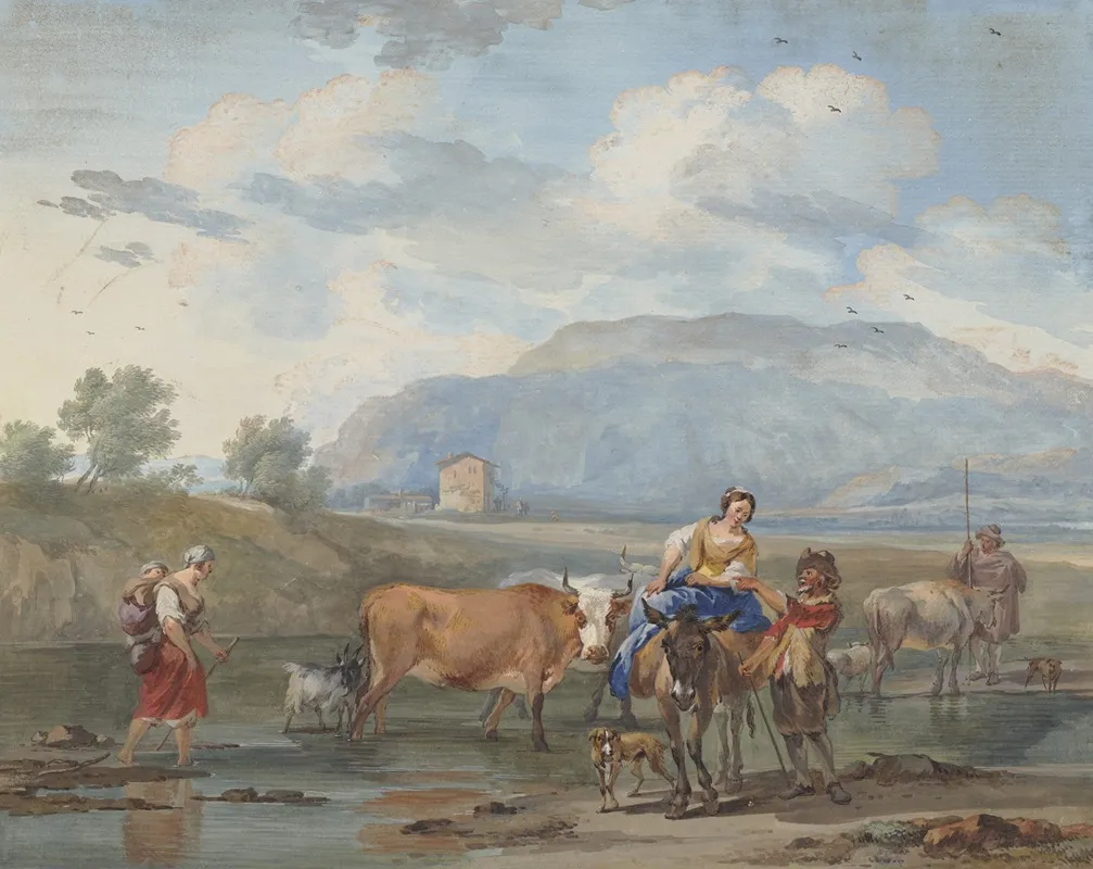 Hirten Treiben Kuhe Durch Ein Wasser Links Tragt Eine Frau Ihr Kind Auf Dem Rucken Rechs Reitet Eine Andere Auf Einem Esel Wall Art by Aert Schouman - High-Resolution Digital Print