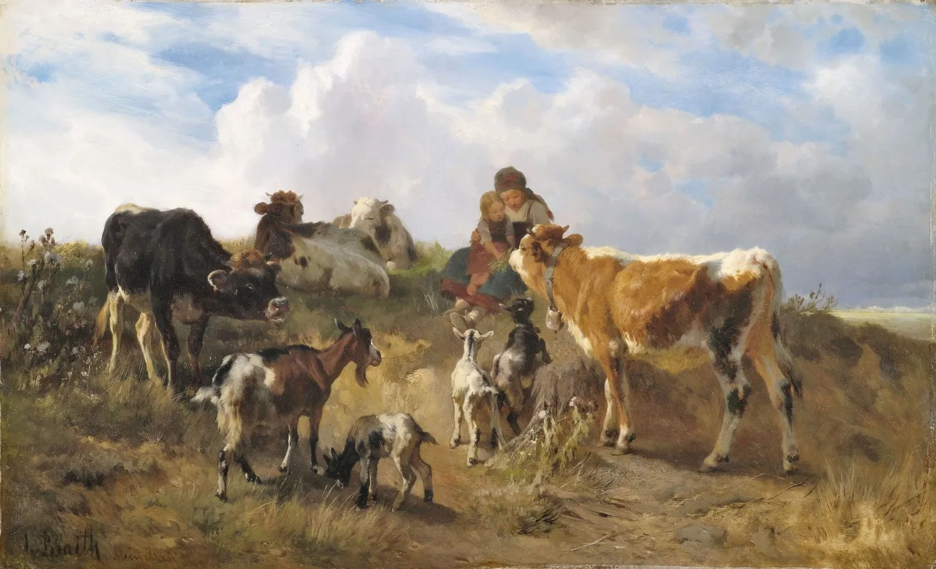 Hirtenidyll Auf Sommerlicher Weide Mit Kuhen Und Ziegen Wall Art by Anton Braith - High-Resolution Digital Print