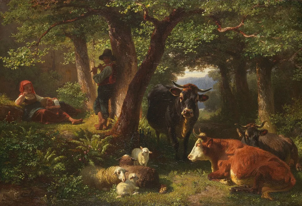 Hirtenkinder Im Wald Mit Kuhen Und Schafen Wall Art by Friedrich Voltz - High-Resolution Digital Print