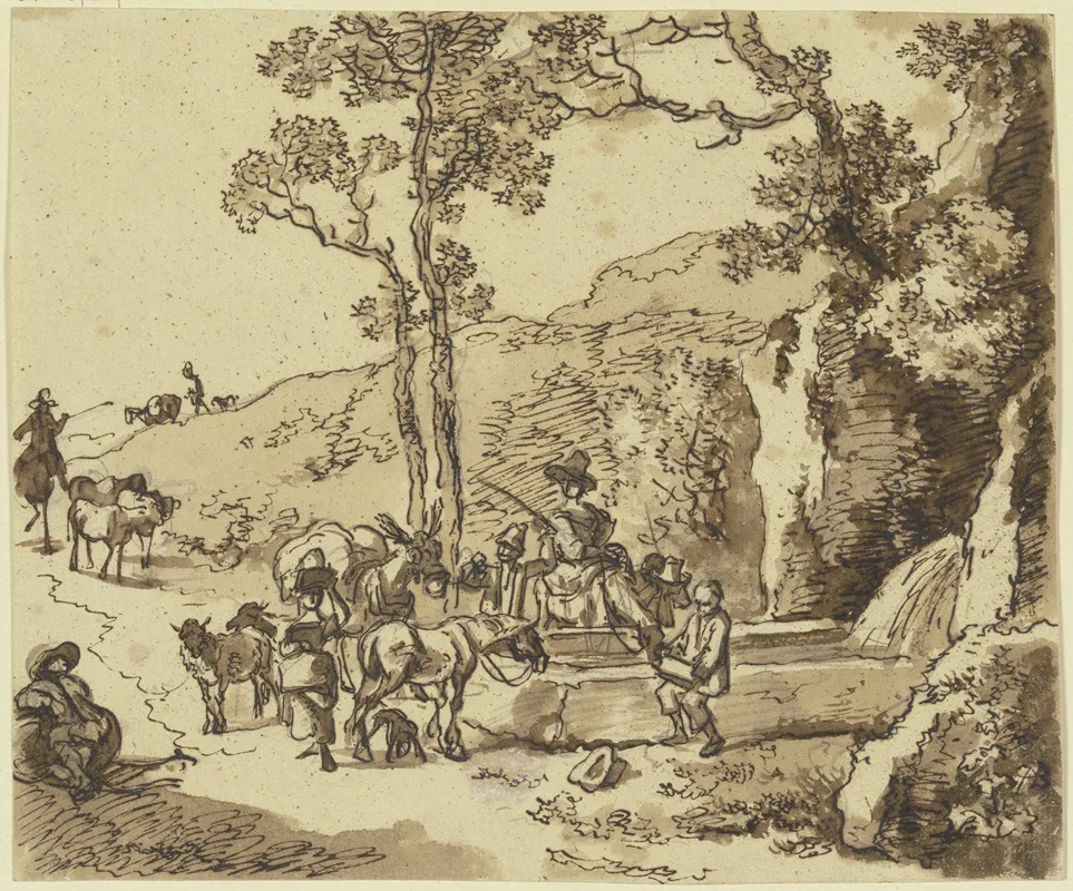 Hirtenszene An Einem Brunnen Schafe Und Maulesel Nahern Sich Der Tranke An Der Eine Reiterin Ihr Pferd Trankt