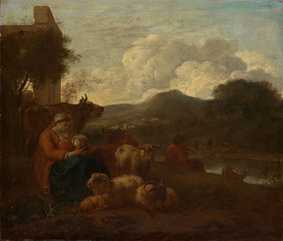 Hirtin Ihr Kind Stillend Mit Der Herde In Sudlicher Landschaft Wall Art by Simon van der Does - High-Resolution Digital Print