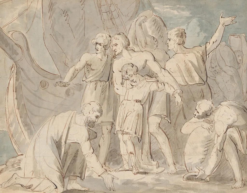 Historical Subject With Men And A Boy Near A Ship