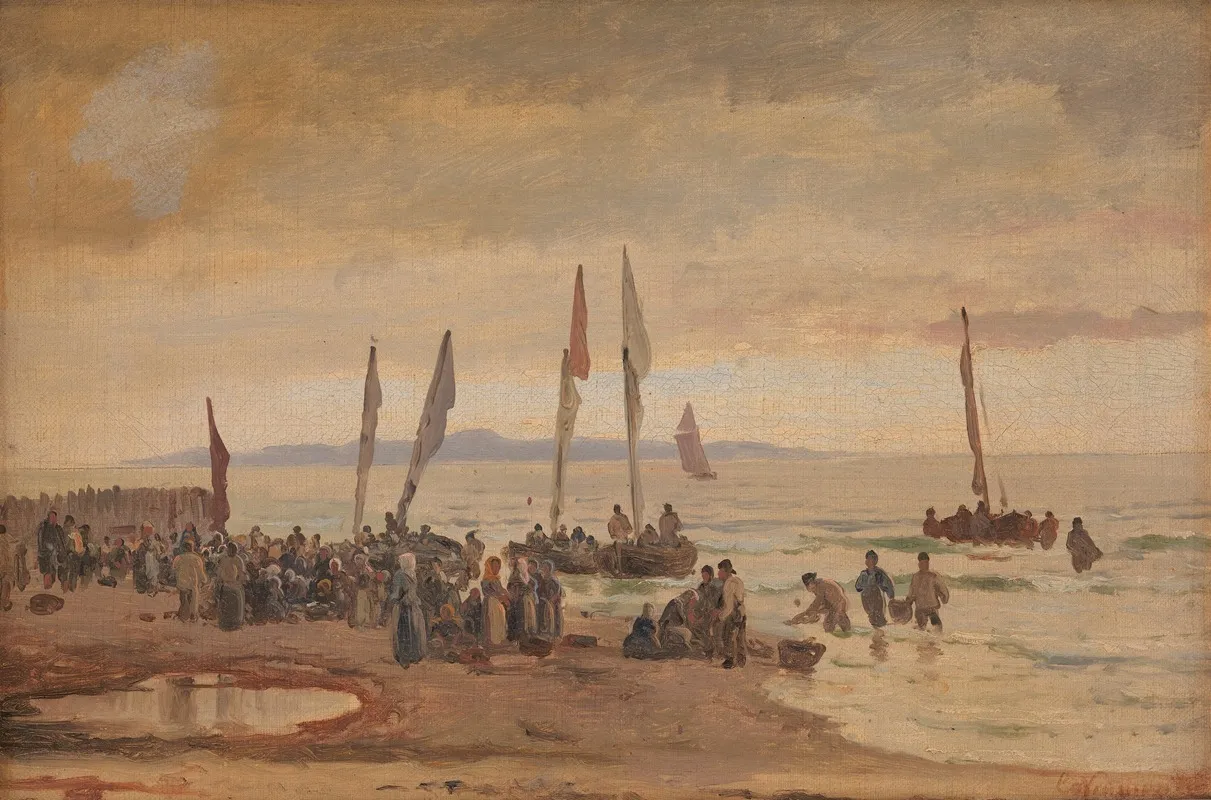 Hjemvendende Fiskere Modtages Pa Hornbaek Strand Wall Art by Carl Neumann - High-Resolution Digital Print
