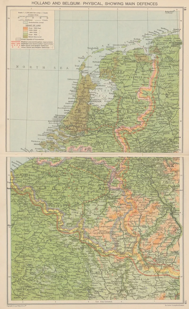 Holland‎ And‎ ‎belgium Physical Showing Main Defences Wall Art by London Geographical Institute - High-Resolution Digital Print