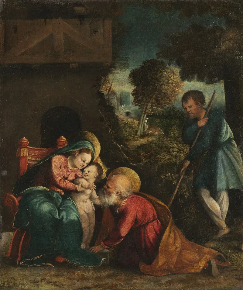 Holy Family With A Shepherd Wall Art by Battista Dossi - High-Resolution Digital Print