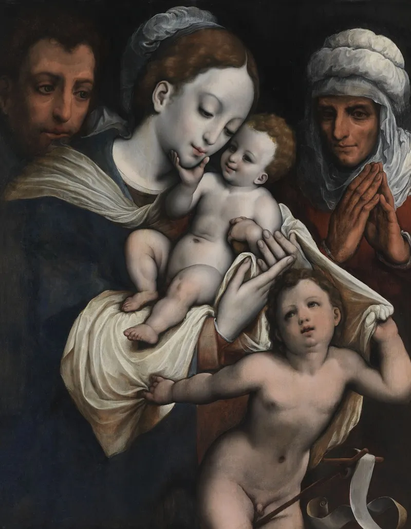 Holy Family With Elisabeth And John The Baptist Wall Art by Cornelis van Cleve - High-Resolution Digital Print