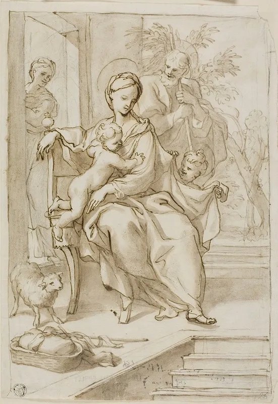 Holy Family With Saint Anne And Infant Saint John The Baptist Wall Art by School of Domenico Piola - High-Resolution Digital Print