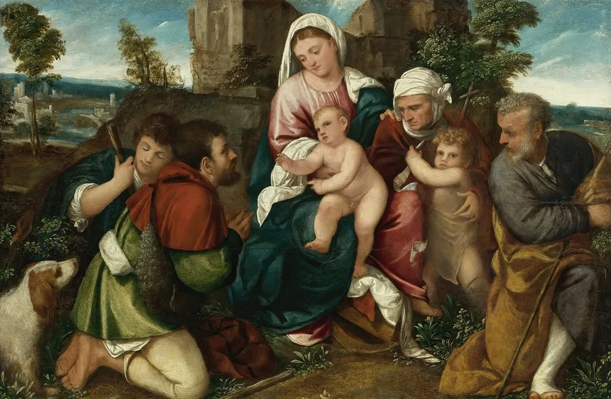 Holy Family With Saint Elizabeth The Infant St John And Two Shepherds Wall Art by Bonifacio Veronese - High-Resolution Digital Print