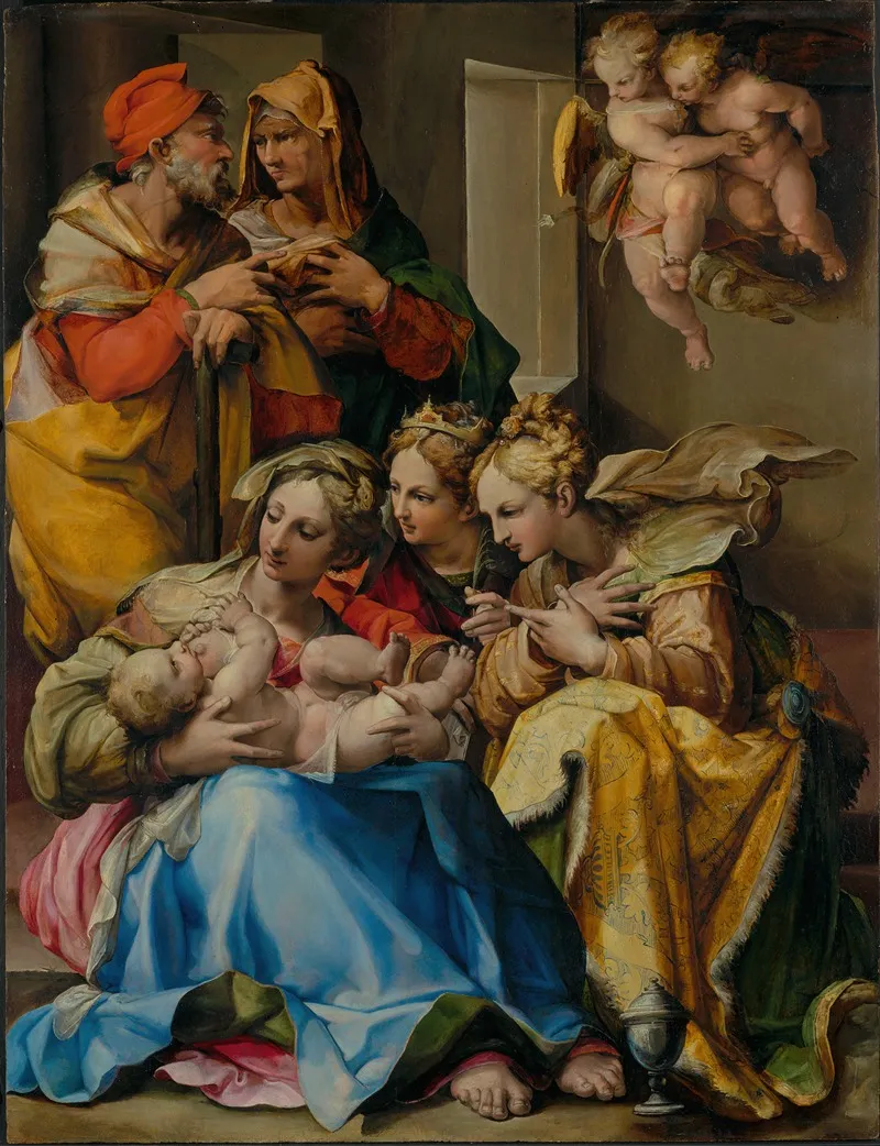 Holy Family With Saints Annecatherine Of Alexandria And Mary Magdalene Wall Art by Nosadella (Giovanni Francesco Bezzi) - High-Resolution Digital Print