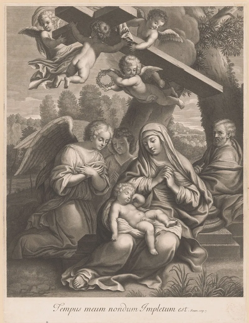Holy Family With Sleeping Child Adored By Angels Wall Art by Francois de Poilly - High-Resolution Digital Print