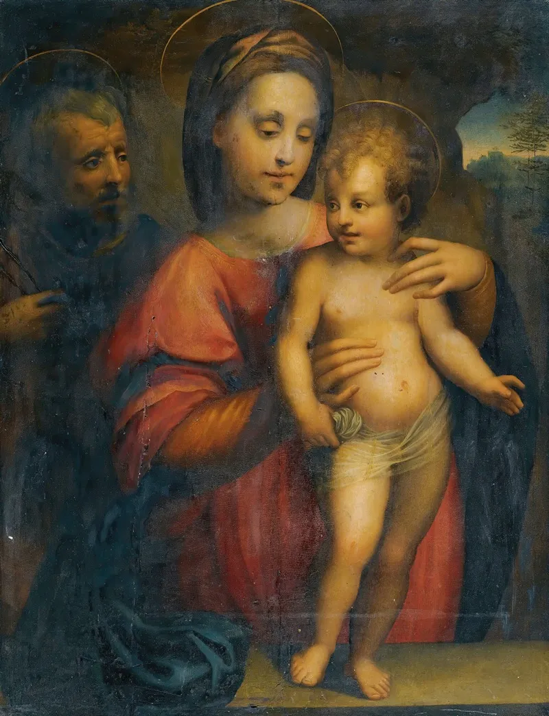 Holy Family With The Madonna Supporting The Standing Christ Child On A Stone Ledge Wall Art by Domenico Puligo - High-Resolution Digital Print