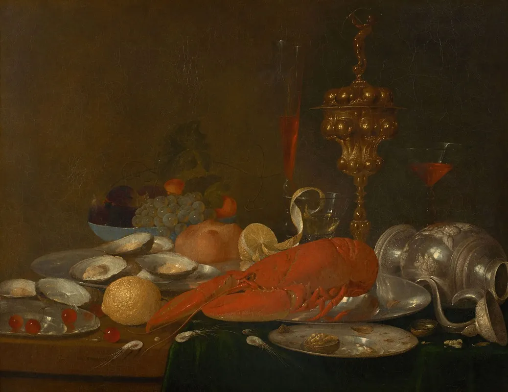 Homard Crevettes Plat Dhuitres Verre De Vin Et Orfevrerie Sur Un Entablement Wall Art by Andreas Benedetti - High-Resolution Digital Print