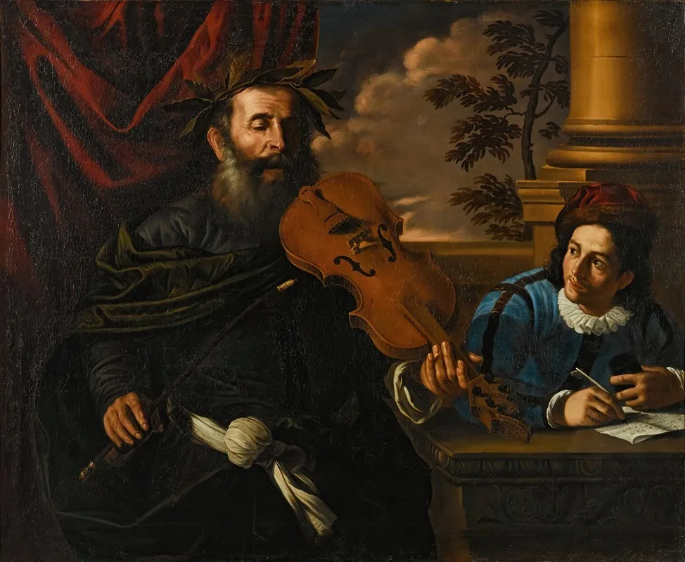 Homer Playing The Violin In The Company Of A Pupil Wall Art by Follower of Pier Francesco Mola - High-Resolution Digital Print