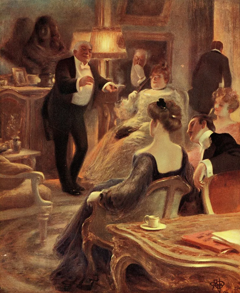 Hommes Et Femmes Dans Un Salon Wall Art by Albert Guillaume - High-Resolution Digital Print
