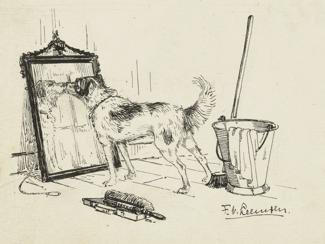 Hond Snuffelt Aan Een Spiegel Wall Art by F. van Leeuwen - High-Resolution Digital Print