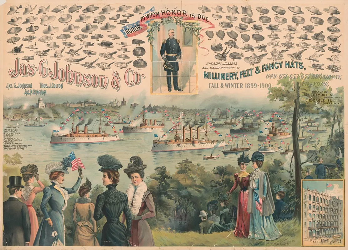Honor To Whom Honor Is Due Jas G Johnson Co Importers Jobbers And Manufacturers Of Millinery Felt Fancy Hats Wall Art by Gray Litho. Co - High-Resolution Digital Print