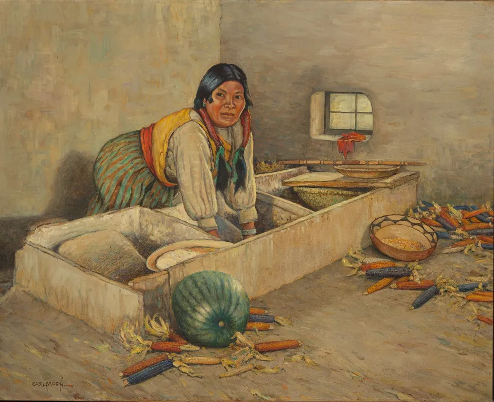 Hopi Woman Grinding Corn Wall Art by Carl Moon - High-Resolution Digital Print
