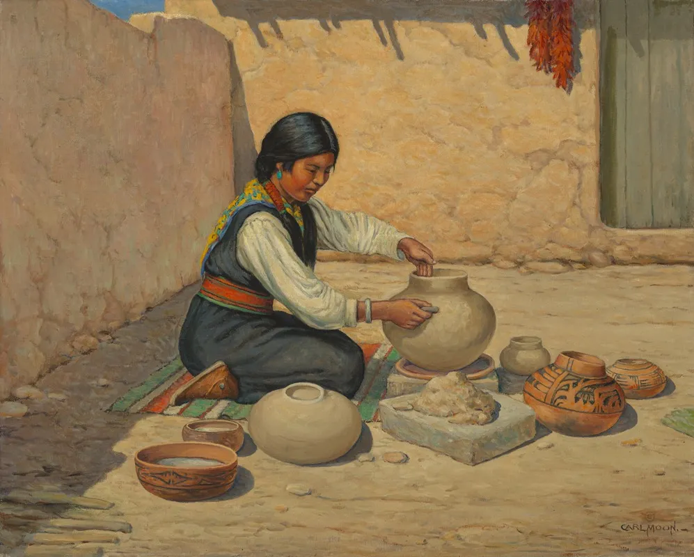 Hopi Woman Making Pottery Wall Art by Carl Moon - High-Resolution Digital Print