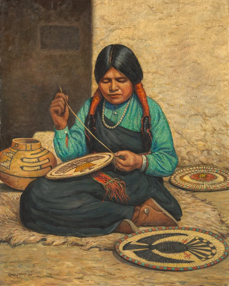 Hopi Woman Weaving Plaques Wall Art by Carl Moon - High-Resolution Digital Print