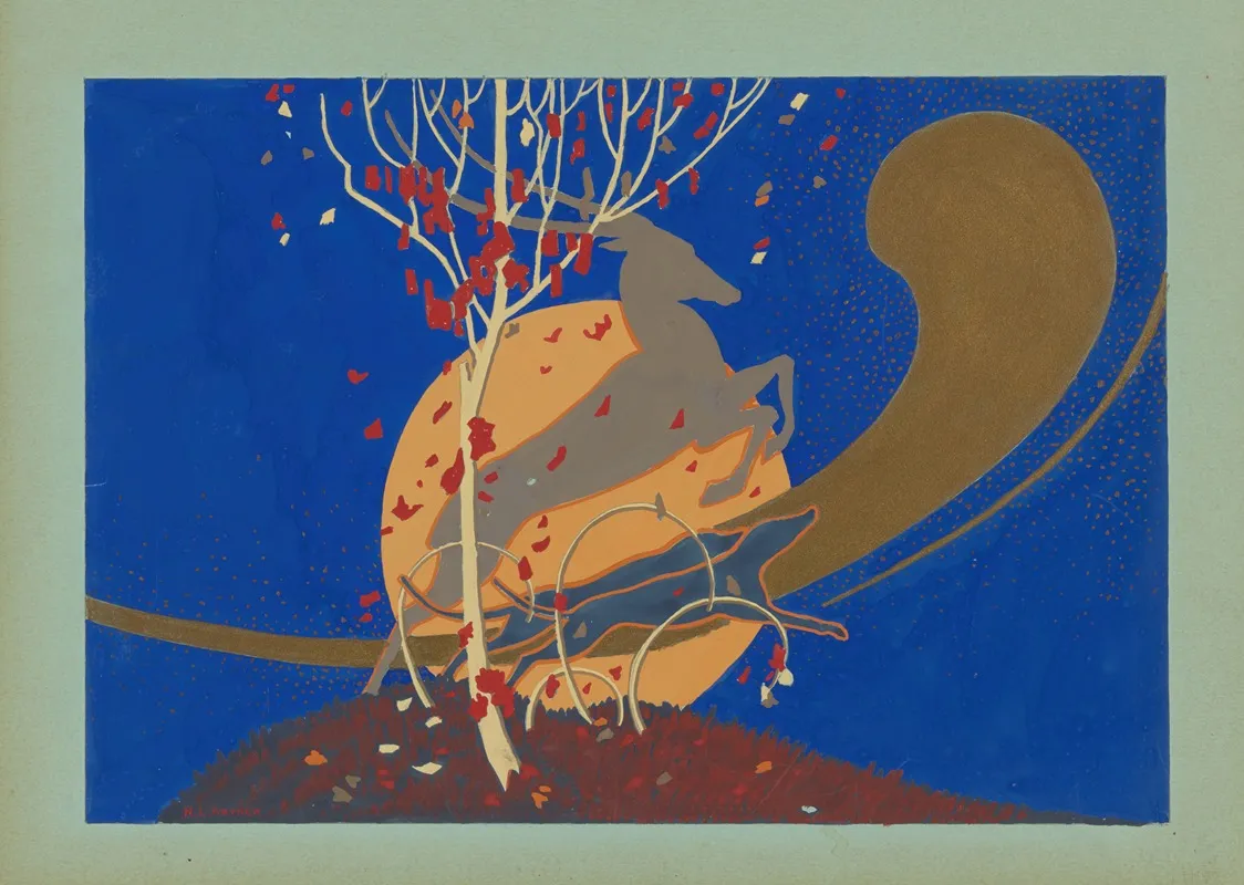 Horned Animal Dogs And Tree Against Sky With Moon And Comet Wall Art by Nels Astner - High-Resolution Digital Print