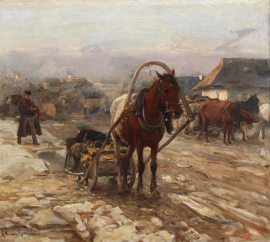 Horse And Cart On The Village Street Wall Art by Alfred von Wierusz-Kowalski - High-Resolution Digital Print