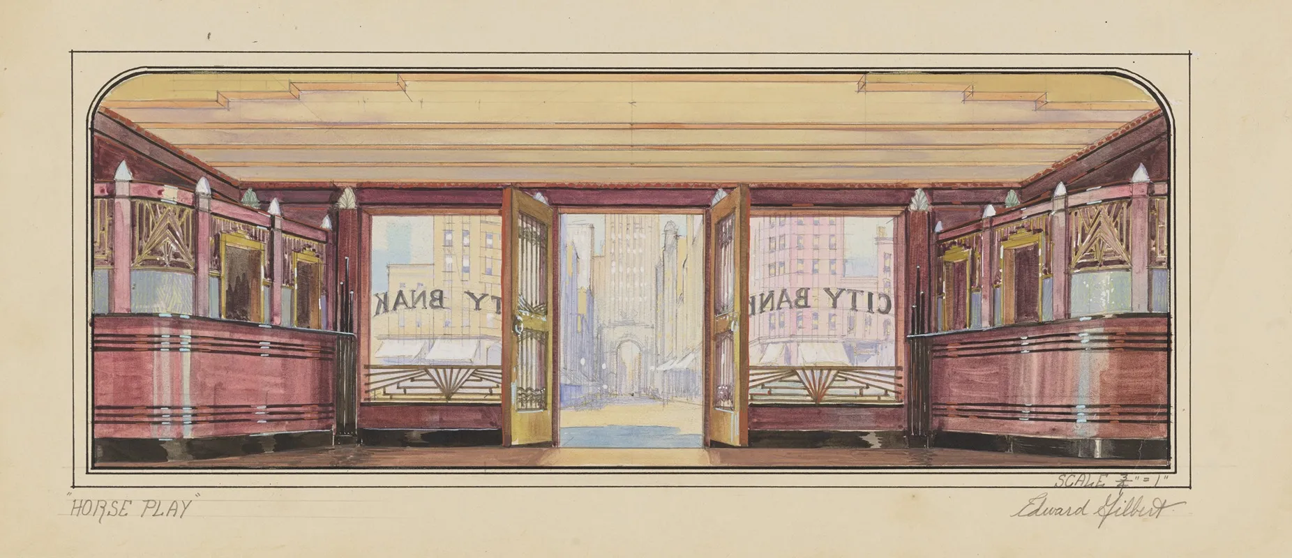 Horse Play Sketch No 2 Act Iii City Bank Interior Wall Art by Edward Gilbert - High-Resolution Digital Print