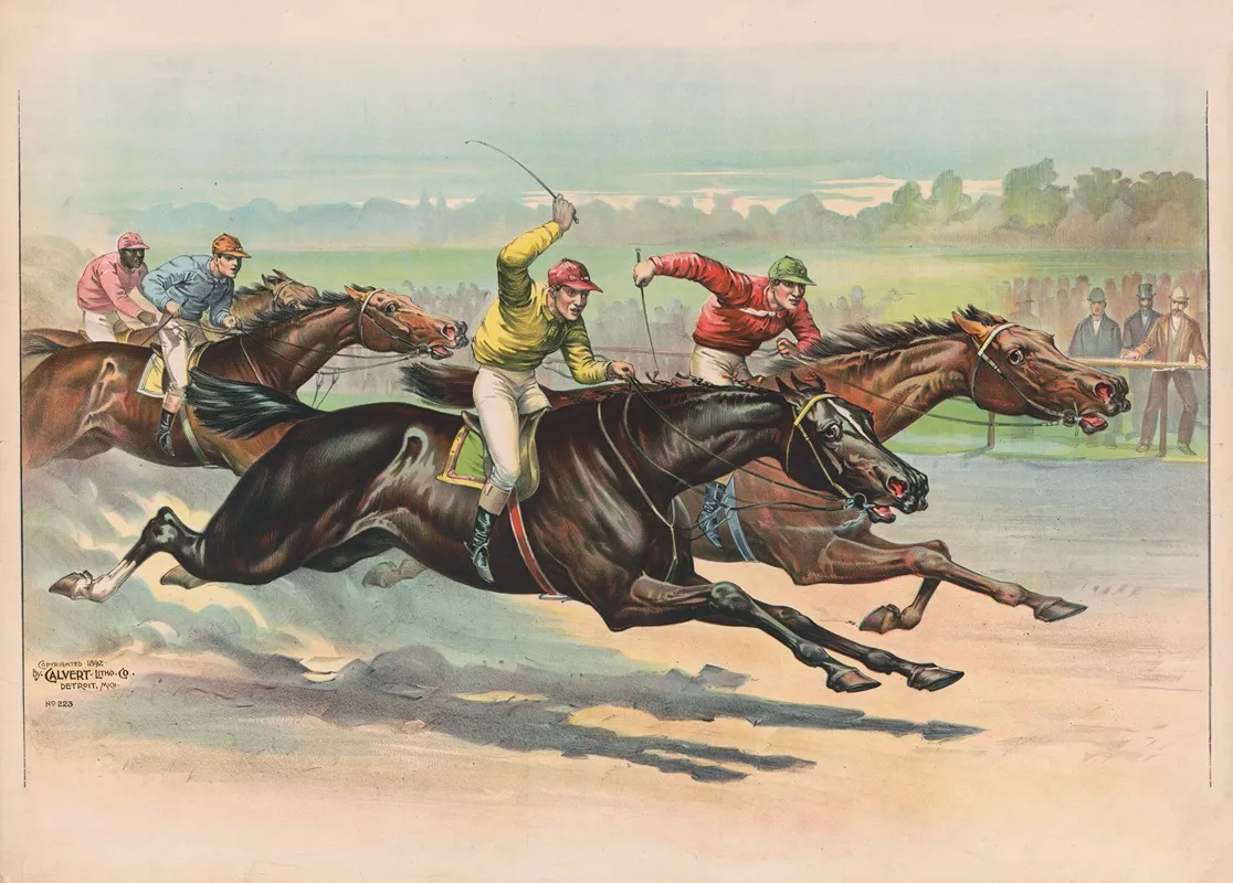 Horse Race Depicting Four Jockeys Including One African American Wall Art by Calvert Litho. Co - High-Resolution Digital Print