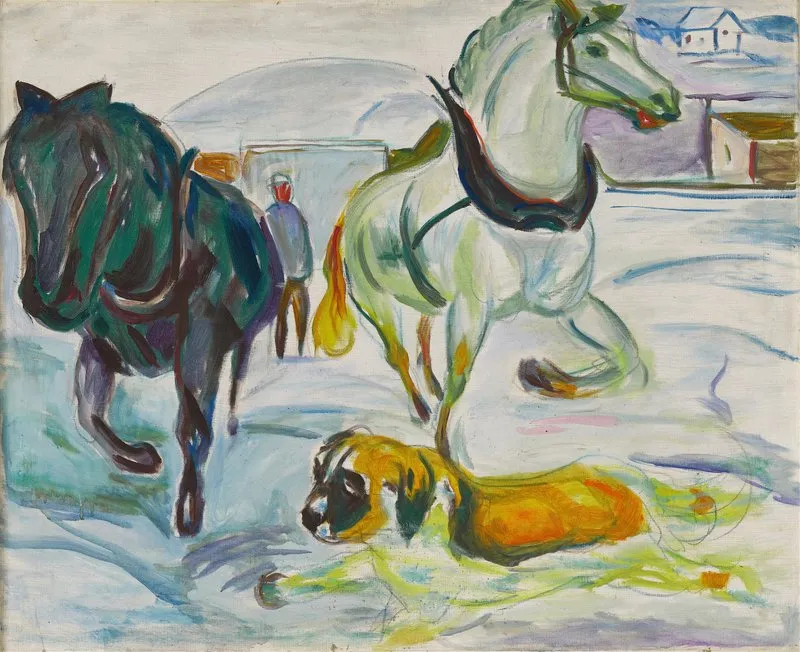 Horse Team And A St Bernhard In The Snow