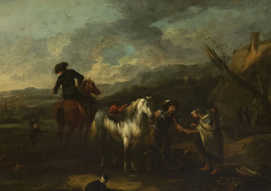 Horsemen And A Beggar Woman Against Landscape Wall Art by August Querfurt - High-Resolution Digital Print