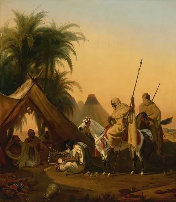 Horsemen And Arab Chiefs Listening To A Musician Wall Art by Studio of Émile-Jean-Horace Vernet - High-Resolution Digital Print