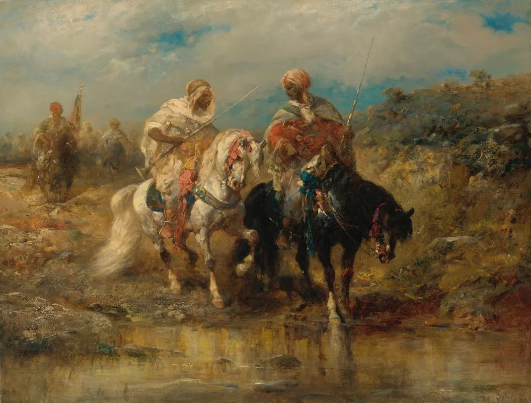 Horsemen At A Watering Hole Wall Art by Adolf Schreyer - High-Resolution Digital Print