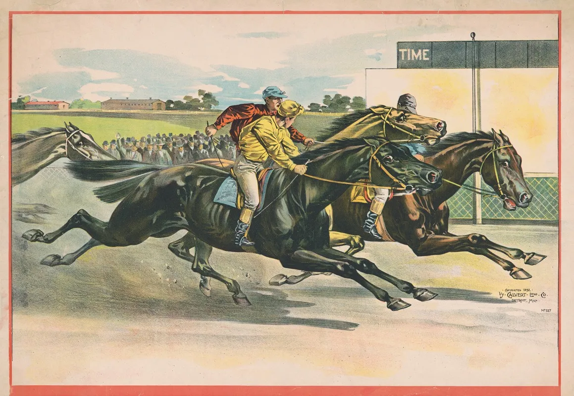 Horses And Crossing Finish Line In A Close Race Wall Art by Calvert Litho. Co - High-Resolution Digital Print