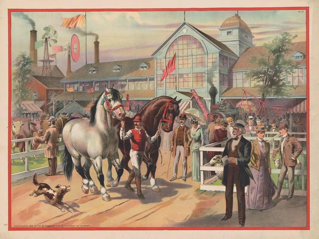 Horses And Jockeys At The Fair With Building In The Background