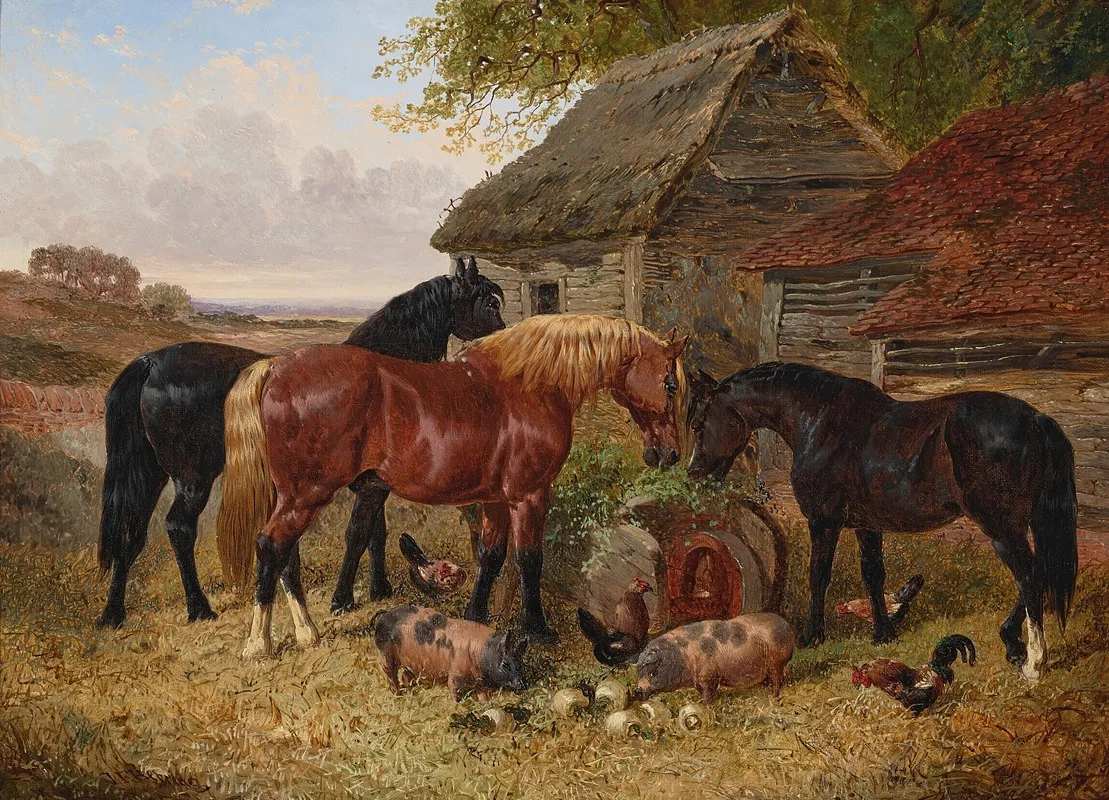 Horses And Pigs In A Farmyard Wall Art by John Frederick Herring Jr. - High-Resolution Digital Print